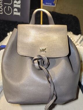 Michael Kors Taupe Pebbled Leather Knot-Drawstring Backpack